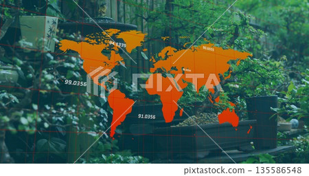 Displaying translucent orange world map overlay across greenhouse plant shelves, with potted bonsai Displaying translucent orange world map overlay across greenhouse plant shelves, with potted bonsai 135586548