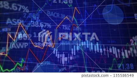 Displaying colored line graphs, candlesticks on trading screen with NVDA TSLC BACR OROX tickers Displaying colored line graphs, candlesticks on trading screen with NVDA TSLC BACR OROX tickers 135586549