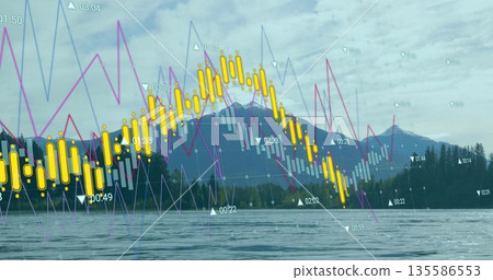 Displaying yellow candlesticks hovering over mountain lake, magenta blue lines, markers, timestamps Displaying yellow candlesticks hovering over mountain lake, magenta blue lines, markers, timestamps 135586553