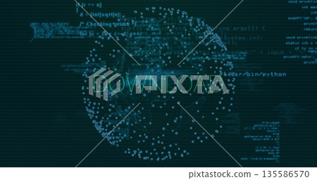 Displaying spherical network with glowing blue nodes in app dashboard, with DOWNLOAD text and code Displaying spherical network with glowing blue nodes in app dashboard, with DOWNLOAD text and code 135586570