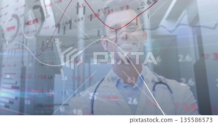 Male doctor wearing lab coat, stethoscope in server room showing financial chart data Male doctor wearing lab coat, stethoscope in server room showing financial chart data 135586573