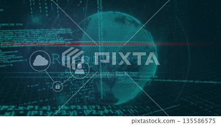 Displaying point-cloud globe with red line, network icons and code in cyberspace, resolving overlay 135586575