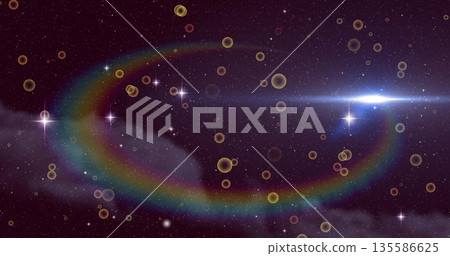 Arcing rainbow arc sweeping outer space, with starfield, nebula, bubbles and starbursts 135586625