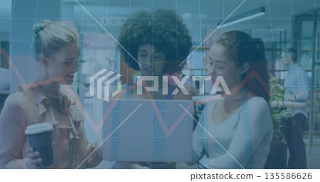 Reviewing data three coworkers analyzing laptop screen in modern office, with overlaid graph grid Reviewing data three coworkers analyzing laptop screen in modern office, with overlaid graph grid 135586626