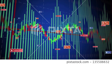 Displaying chart with green bars and candlesticks, Play buttons and Subscribe alerts on blue screen Displaying chart with green bars and candlesticks, Play buttons and Subscribe alerts on blue screen 135586632