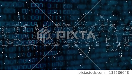Flowing dotted white waveform tracing spiral curves in virtual data display, with binary digits 135586648