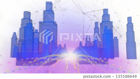 Displaying cityscape receding toward horizon, with blue towers, network nodes and particle trails Displaying cityscape receding toward horizon, with blue towers, network nodes and particle trails 135586649