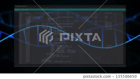 Displaying terminal running code listings in dark workspace, with blue double helix graphic Displaying terminal running code listings in dark workspace, with blue double helix graphic 135586650
