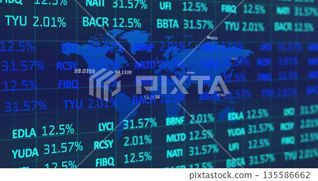 Showing world map overlay on financial analytics screen, with ticker symbols and percentage figures Showing world map overlay on financial analytics screen, with ticker symbols and percentage figures 135586662