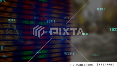 Projecting neon currency symbols and values over stock market ticker board in digital trading scene 135586668