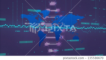 Showing blue world map on purple grid, with turquoise points, numeric labels, green and pink blocks Showing blue world map on purple grid, with turquoise points, numeric labels, green and pink blocks 135586670