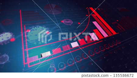 Displaying 3D red-pink bar chart segments rising on dark grid, with red curve, markers, viral icons Displaying 3D red-pink bar chart segments rising on dark grid, with red curve, markers, viral icons 135586672