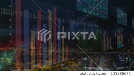Displaying trading dashboard overlaying blurred city lights, with bar charts line graphs and tables Displaying trading dashboard overlaying blurred city lights, with bar charts line graphs and tables 135586675