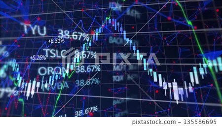 Showing candlestick, line graphs with %, ticker labels on trading screen grid, network node overlay Showing candlestick, line graphs with %, ticker labels on trading screen grid, network node overlay 135586695