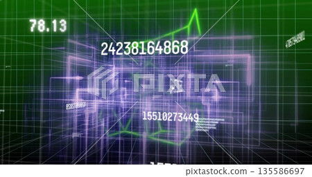 Displaying purple wireframe mesh on green grid plane showing floating white numbers and line graphs Displaying purple wireframe mesh on green grid plane showing floating white numbers and line graphs 135586697