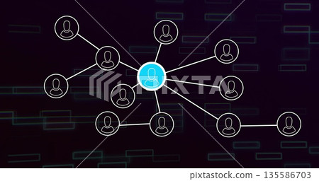 Displaying central blue user node linking peripheral white user nodes in dark gradient 135586703
