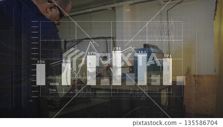 Leaning technician calibrating machines under pipes in workshop, with bar graph overlay, copy space 135586704