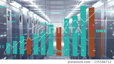 Projecting translucent digital bar and line graphs across server room corridor, with LED panels Projecting translucent digital bar and line graphs across server room corridor, with LED panels 135586712