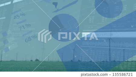 Featuring wind turbines rotating on farmland horizon with crop rows, power towers and data overlays Featuring wind turbines rotating on farmland horizon with crop rows, power towers and data overlays 135586721