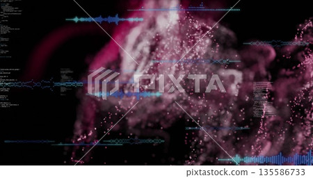 Animating pink cloud swirling in virtual cyberspace, with blue audio waveforms and code snippets Animating pink cloud swirling in virtual cyberspace, with blue audio waveforms and code snippets 135586733