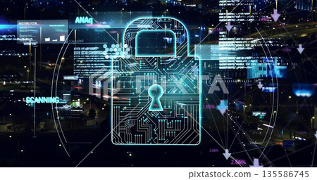 Projecting neon-blue circuit padlock icon scanning highway interchange at night, with data streams Projecting neon-blue circuit padlock icon scanning highway interchange at night, with data streams 135586745