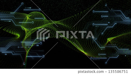 Displaying green 3D particle wave flowing via digital network with blue circuitry featuring nodes 135586751