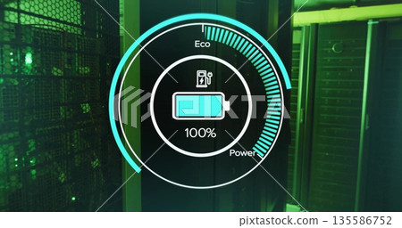 Displaying eco-power gauge showing full battery icon at data center with server racks, mesh panels 135586752