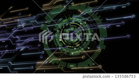 Displaying green multiringed interface glowing on dark HUD, with circuit traces, pointers and nodes 135586753