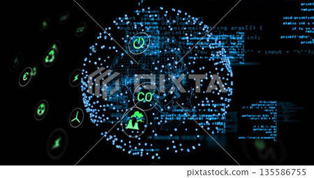 Displaying central network sphere floating in virtual interface, with blue code and green icons 135586755