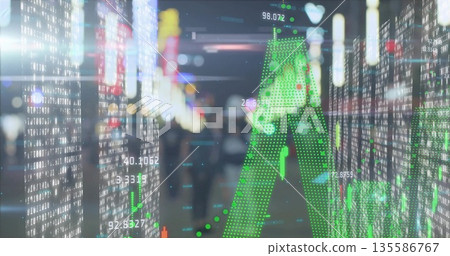 Projecting green dotted arrow over stock market data on night city street with candlestick bars 135586767