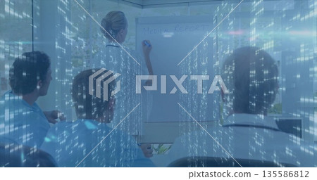 Presenting doctor in white-coat writing medical report on flipchart in meeting room, data overlay Presenting doctor in white-coat writing medical report on flipchart in meeting room, data overlay 135586812