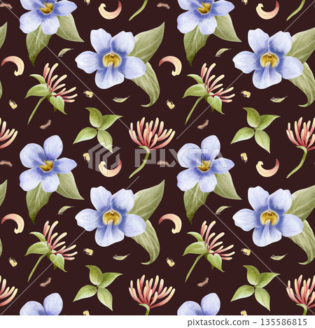 Watercolor seamless pattern with honeysuckle and purple tropical vine flowers with petals and leaves on dark brown. Pastel violet and pink garden plant hand drawn repeat background Watercolor seamless pattern with honeysuckle and purple tropical vine flowers with petals and leaves on dark brown. Pastel violet and pink garden plant hand drawn repeat background 135586815