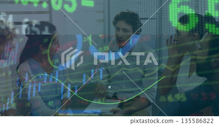 Holding notepad and pen, professionals discussing data in meeting room on screen showing charts Holding notepad and pen, professionals discussing data in meeting room on screen showing charts 135586822