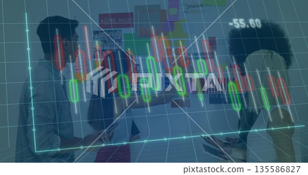 Collaborating team in business attire analyzing strategy on whiteboard in office, with data overlay 135586827