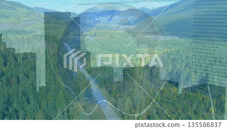 Blending pixelated globe with wavy graph gridlines above highway to distant lake in mountain valley 135586837