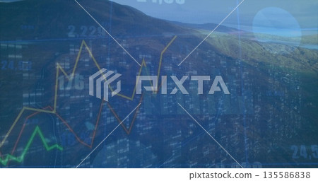 Displaying financial data overlay over green mountains, with line graphs, bar charts and metrics 135586838