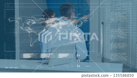 Reviewing professionals pointing at planning board with marker pen in modern office, with laptop Reviewing professionals pointing at planning board with marker pen in modern office, with laptop 135586850