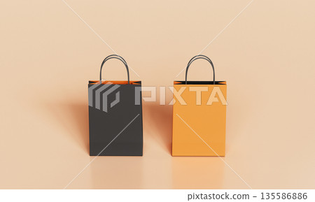 Orange and Black Retail Paper Shopping Bags Mock up. 3D Rendering. Orange and Black Retail Paper Shopping Bags Mock up. 3D Rendering. 135586886