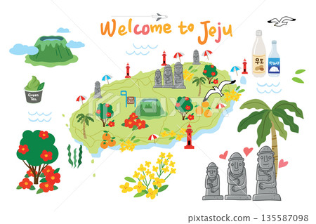 It is a tourist map of Jeju Island that displays local attractions and specialties such as Hallasan Mountain, Dolharbang and Dongbaek flowers, Hallasan soju, and Udo Makgeolli. It is a tourist map of Jeju Island that displays local attractions and specialties such as Hallasan Mountain, Dolharbang and Dongbaek flowers, Hallasan soju, and Udo Makgeolli. 135587098