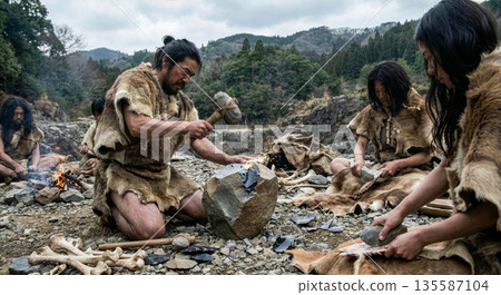 舊石器時代，日本列島的一群原始人使用打製的石器工具獵殺和採集瑙曼象。 135587104