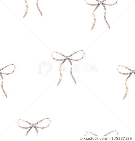 Watercolor seamless pattern with twine bows. Hand-painted illustration isolated on white for stationery, invitations, packaging, textiles, branding, scrapbooking, romantic, simple design, decor Watercolor seamless pattern with twine bows. Hand-painted illustration isolated on white for stationery, invitations, packaging, textiles, branding, scrapbooking, romantic, simple design, decor 135587129