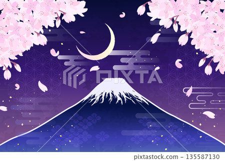 Cherry blossoms, Mt. Fuji, and a crescent moon illustration_horizontal 1 Cherry blossoms, Mt. Fuji, and a crescent moon illustration_horizontal 1 135587130