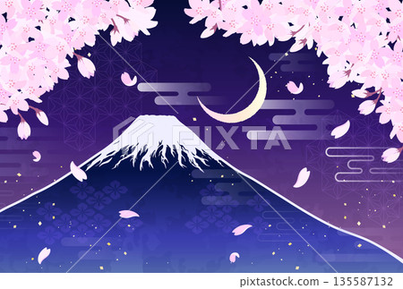 Cherry blossoms, Mt. Fuji, and a crescent moon illustration_horizontal 2 Cherry blossoms, Mt. Fuji, and a crescent moon illustration_horizontal 2 135587132