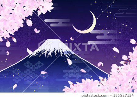 Cherry blossoms, Mt. Fuji, and a crescent moon illustration_Horizontal 4 Cherry blossoms, Mt. Fuji, and a crescent moon illustration_Horizontal 4 135587134