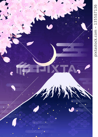 Cherry blossoms, Mt. Fuji, and a crescent moon illustration_Vertical 2 Cherry blossoms, Mt. Fuji, and a crescent moon illustration_Vertical 2 135587136
