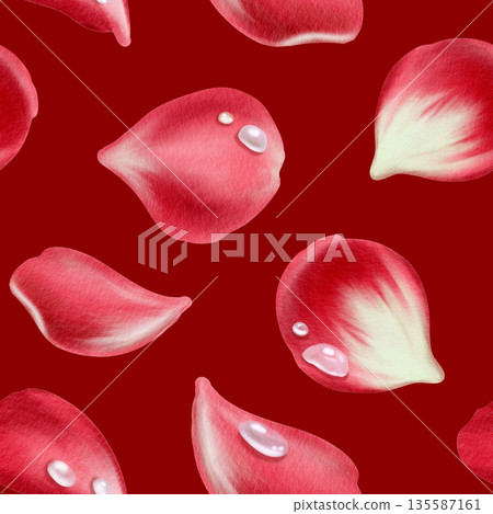 Floral seamless pattern of lush red rose petals adorned with glistening water droplets.Romantic watercolor design with soft textures for Valentine's Day branding,wedding stationery,invitation Floral seamless pattern of lush red rose petals adorned with glistening water droplets.Romantic watercolor design with soft textures for Valentine's Day branding,wedding stationery,invitation 135587161