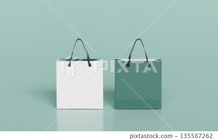 White and Green Retail Paper Shopping Bags Mock up. 3D Rendering. 135587262