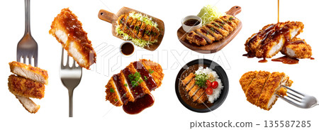 Set of pork chicken katsu tonkatsu breaded Deep-fried meat cutlet, fork, with curry sauce, serving wooden board, stack pile slice broken bite, transparent cutout PNG. Many different style mockup 135587285