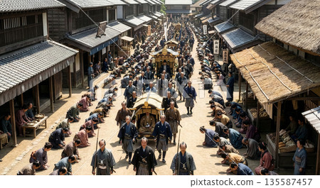 江戶時代，東海道上的品川宿，一道由封建領主組成的雄偉隊伍和熙熙攘攘的驛站城鎮緩緩行進。 135587457