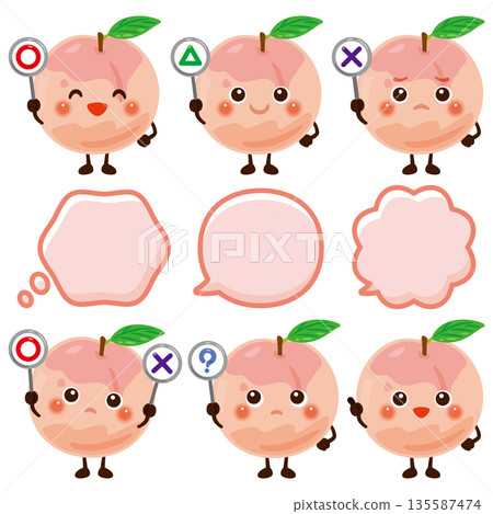 桃子角色插圖，手持圓形、圓形、三角形或三角形卡片 135587474